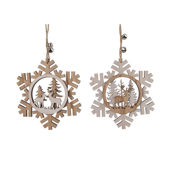 ORNO DE MADERA PARA &Aacute;RBOL DE NAVIDAD, COPOS DE NIEVE, MODELOS VARIADOS, 12 x 0,7 x 12 cm