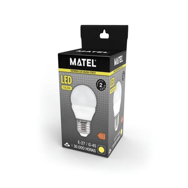 BOMBILLA ESFERICA LED E27 5W 400 LM 3200K LUZ CALIDA