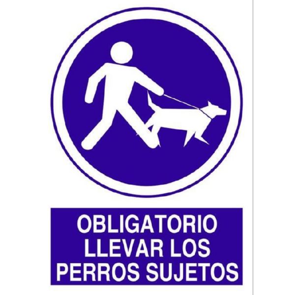 CARTEL ADHESIVO OBLIGATORIO LLEVAR LOS PERROS SUJETOS 297X210 COFAN